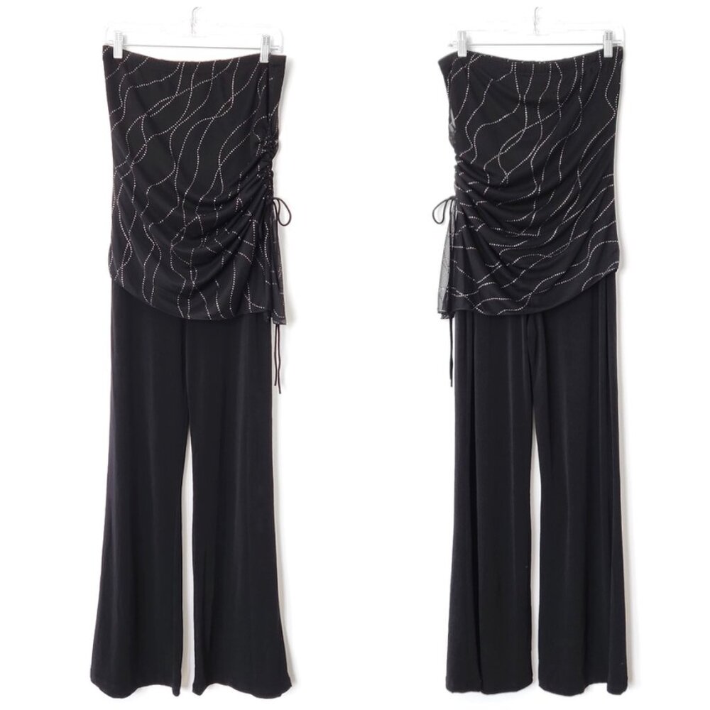 Vintage 90s Y2K Black Glitter Waves Jumpsuit Ruched Mesh Strapless Silver Medium